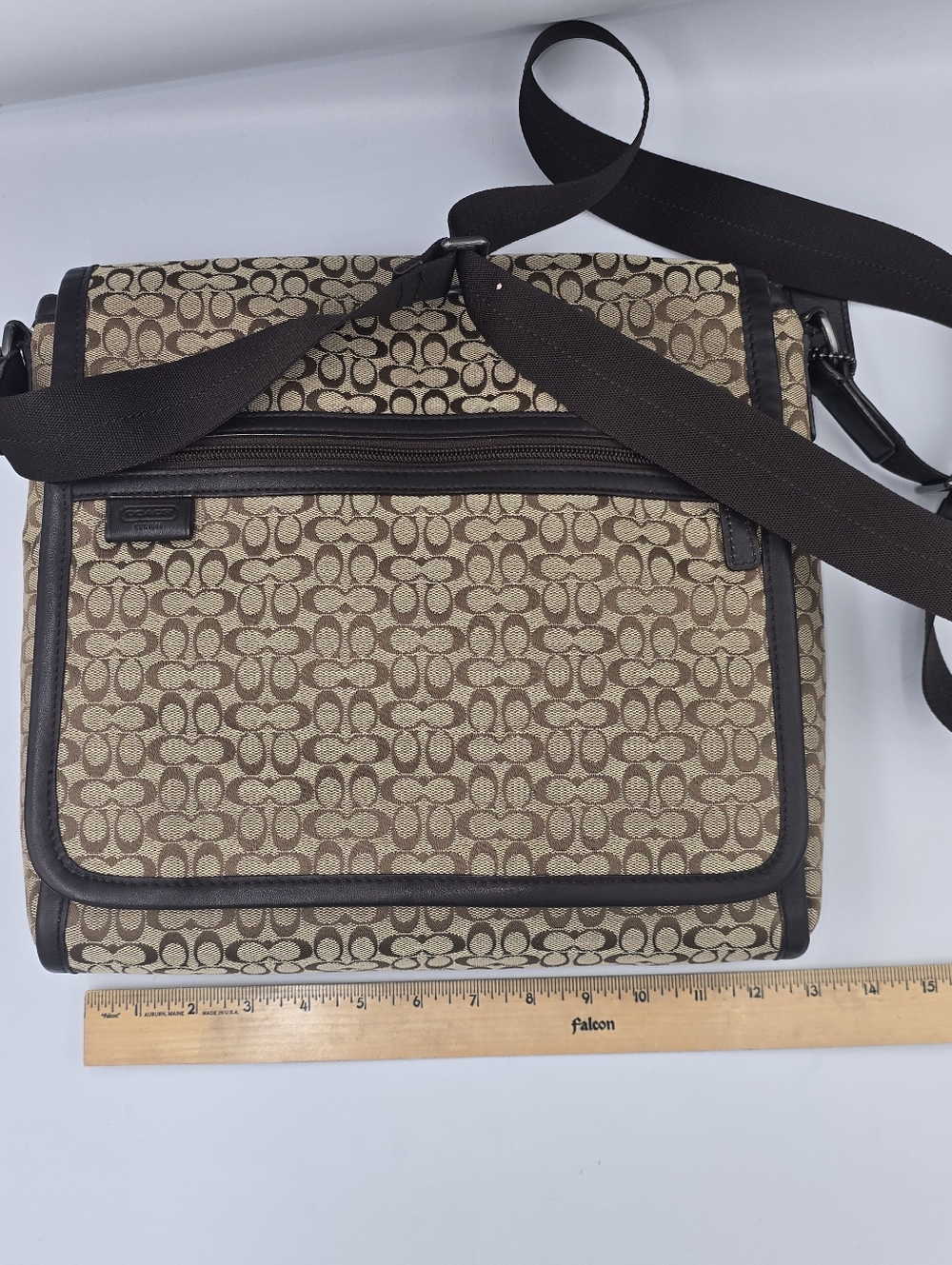 COACH F70699 Brown Signature Canvas Messenger Bag Adjustable Strap Leather Trim - Picture 6 of 16